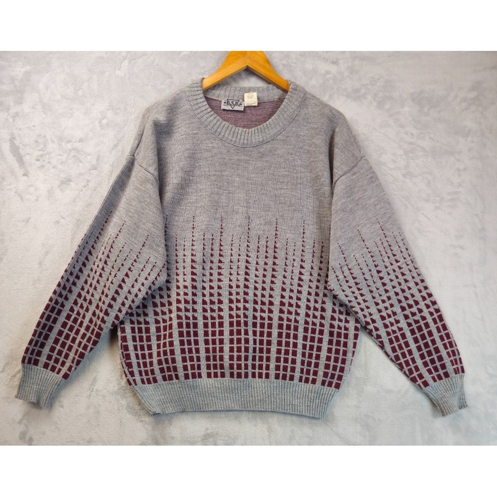 Vintage BSR Geometric Sweater Mens Large Gray Maroon 90s Crew Neck